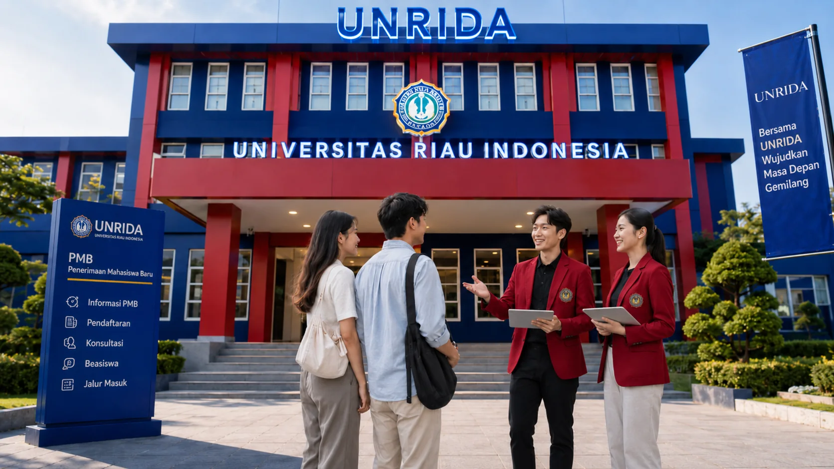Mahasiswa menyambut calon mahasiswa baru di depan kampus UNRIDA