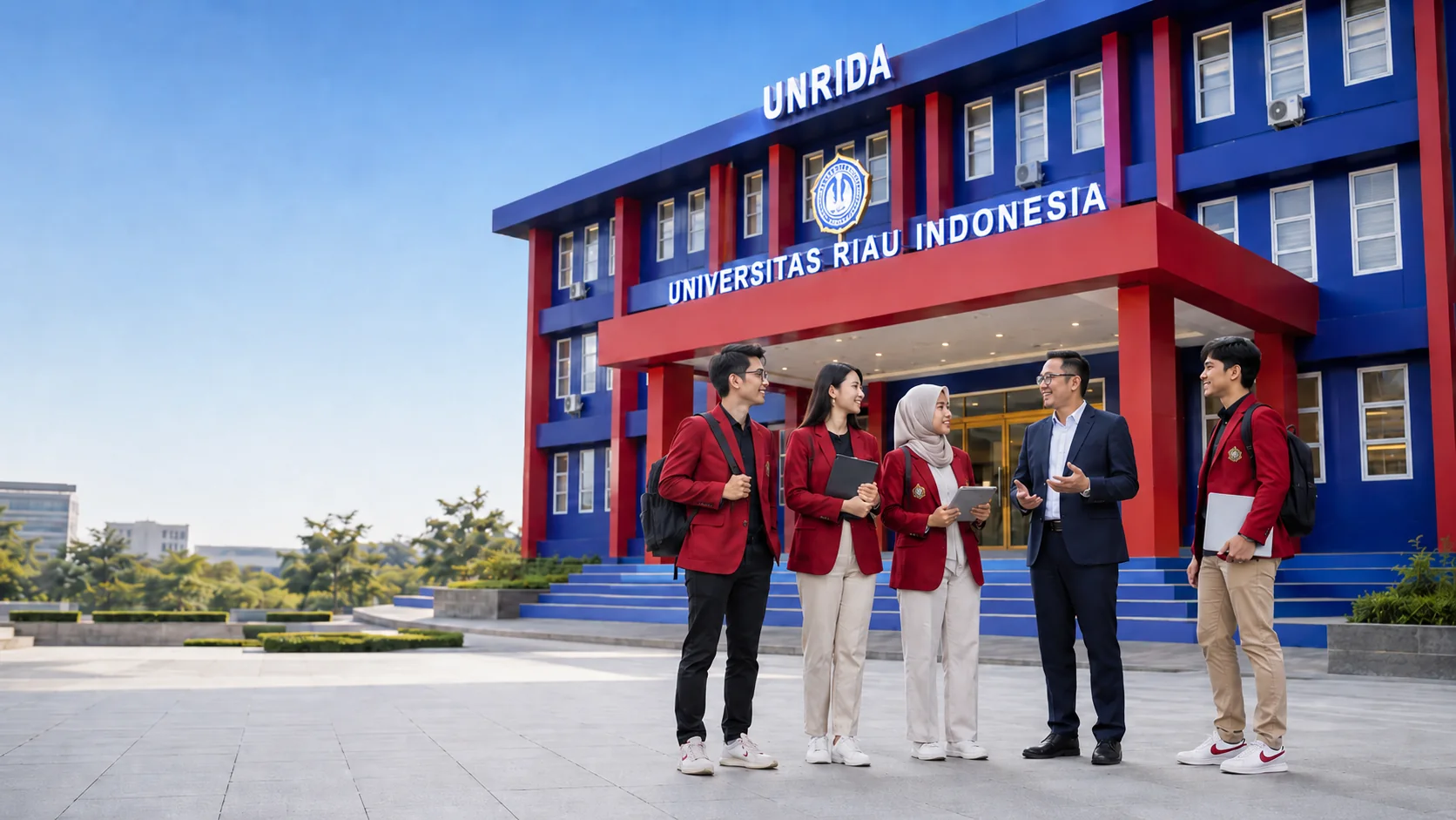 Mahasiswa berdiskusi bersama dosen di depan gedung kampus UNRIDA